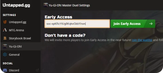 Untapped companion early access screen with early access code input field